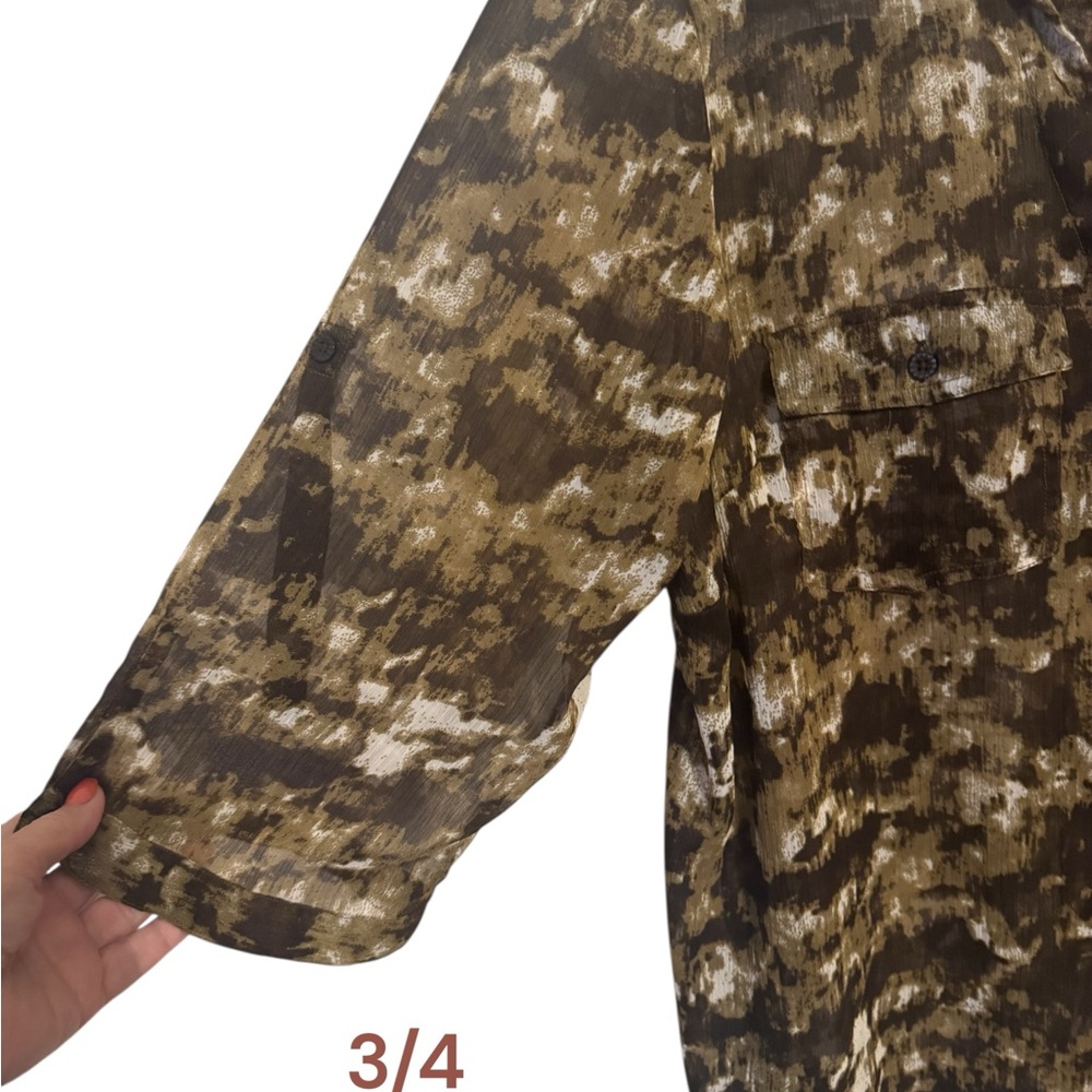 BROWN/TAN/GREEN PRINT 3/4 Sleeve Button Down TOP CREAM/LACE DETAIL SZ: 18 #V - Picture 5 of 10